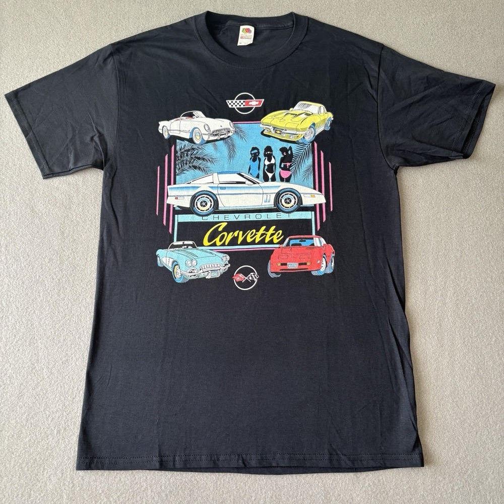 Vintage 90s Y2K Fruit Of The Loom Chevrolet Corvette Men's Shirt Sz M Neon Cars